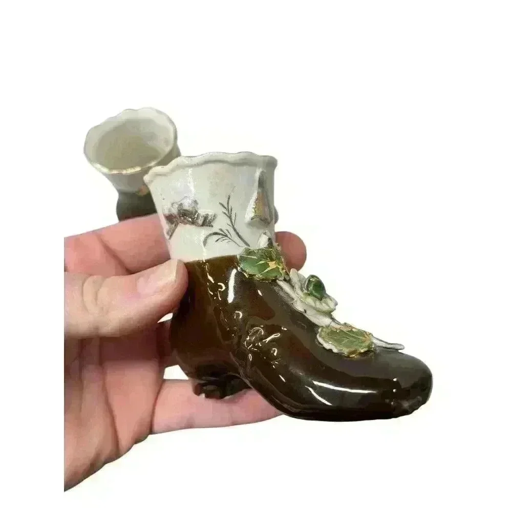 Set of Vintage Porcelain Miniature Shoe Vases Brown with Applied Flowers 3